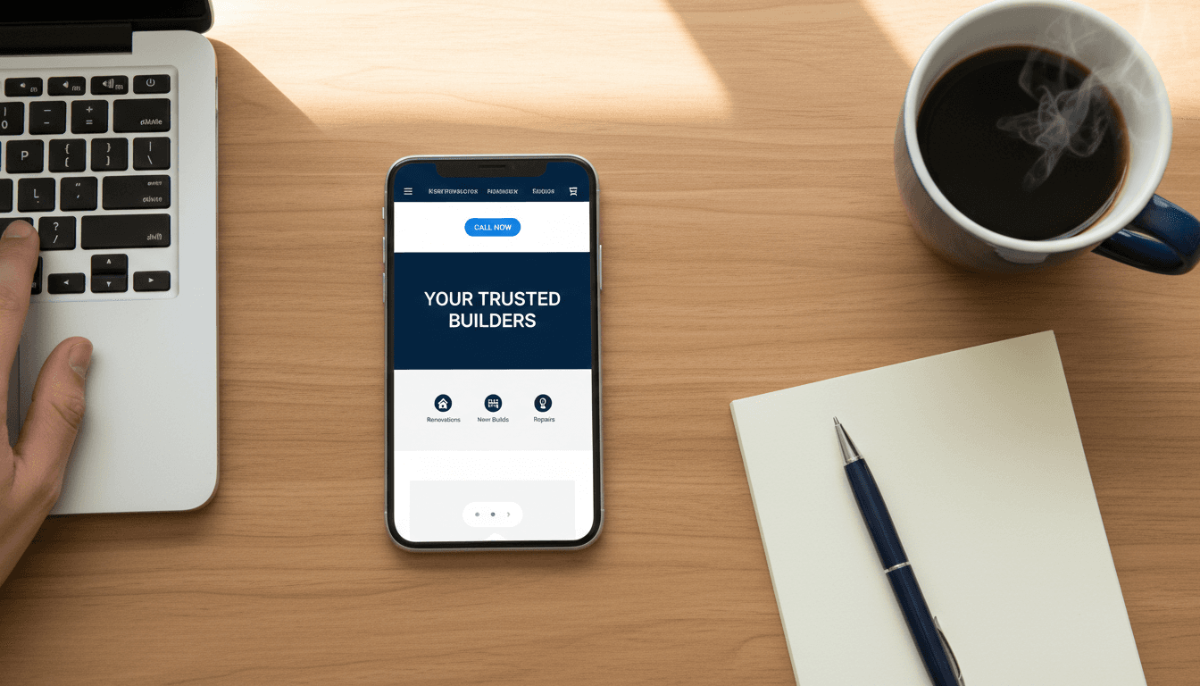 Professional contractor website displayed on smartphone and laptop at workspace
