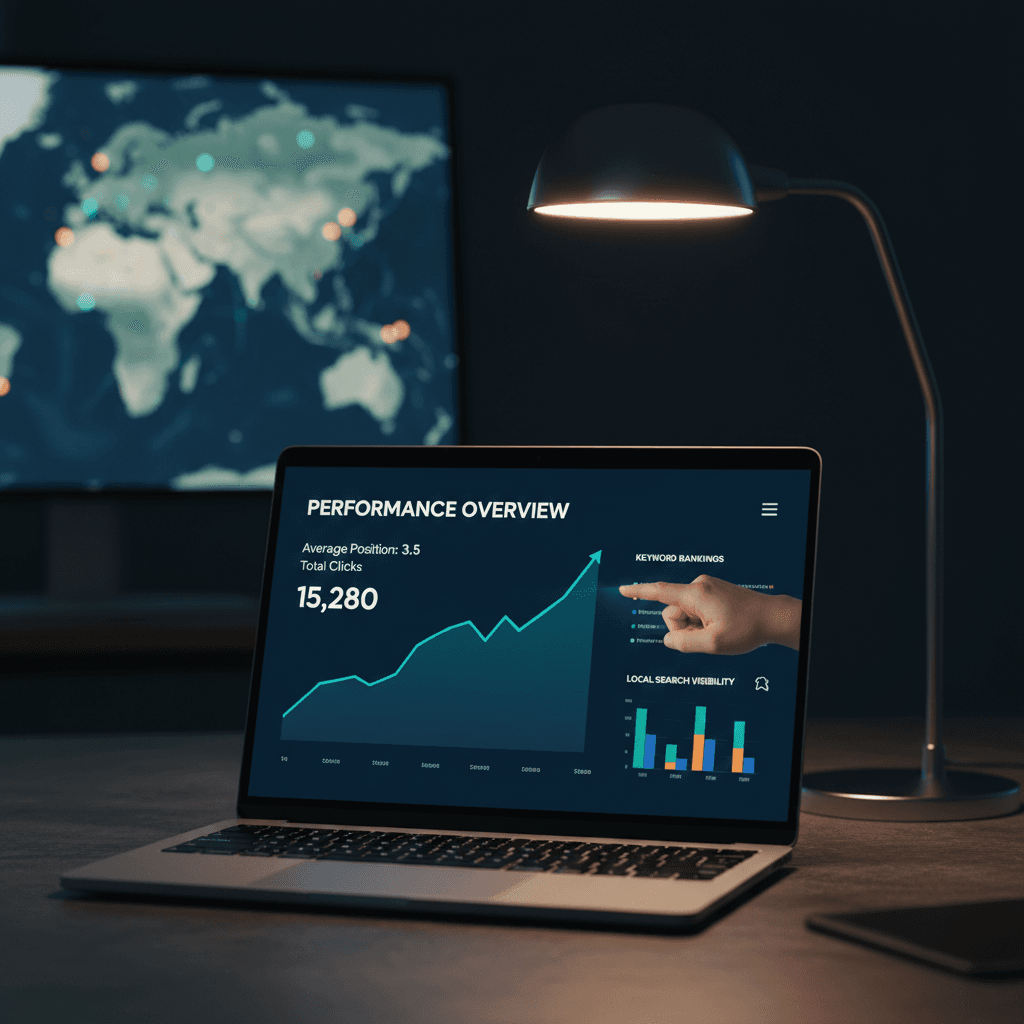 SEO analytics and local search ranking dashboard on laptop