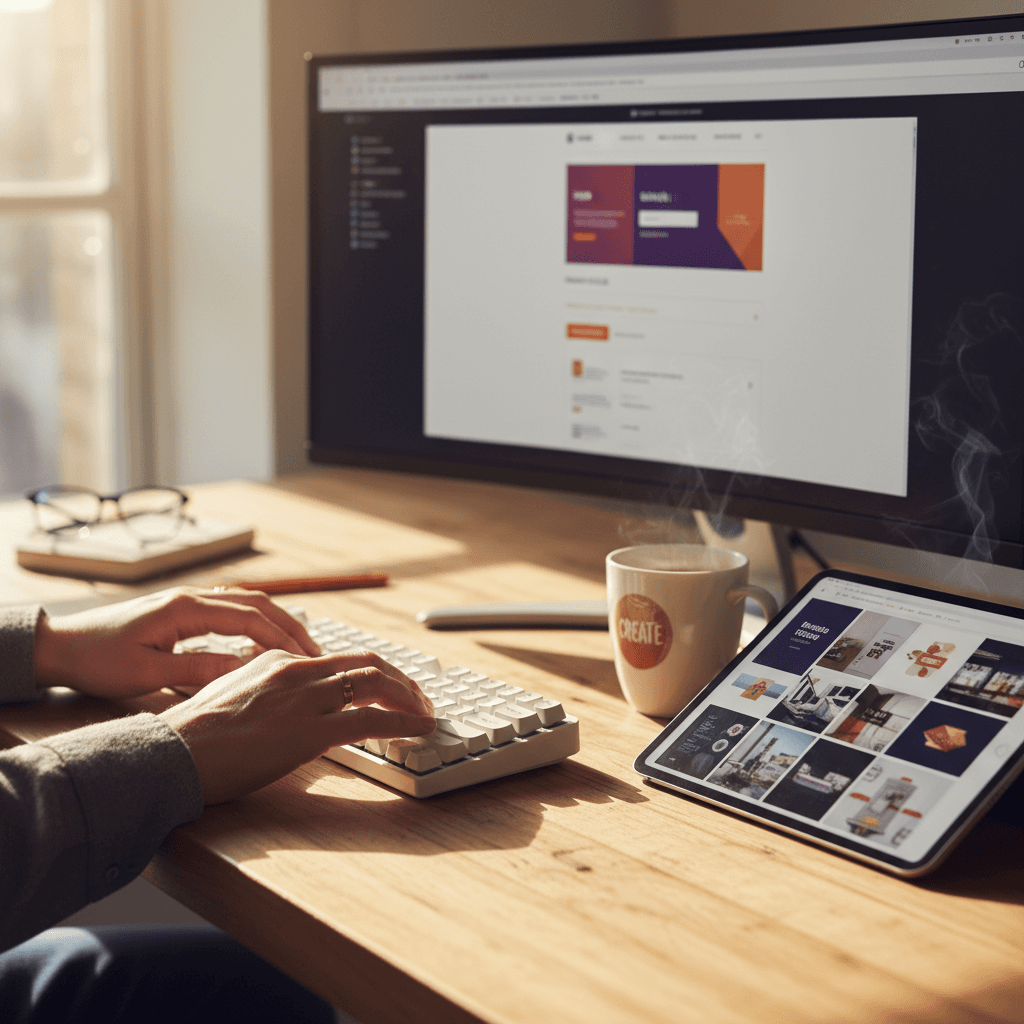 Web designer working at desk building a website quickly