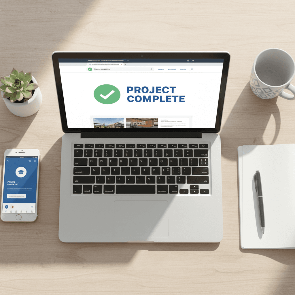 Website launch success with completed contractor site on laptop