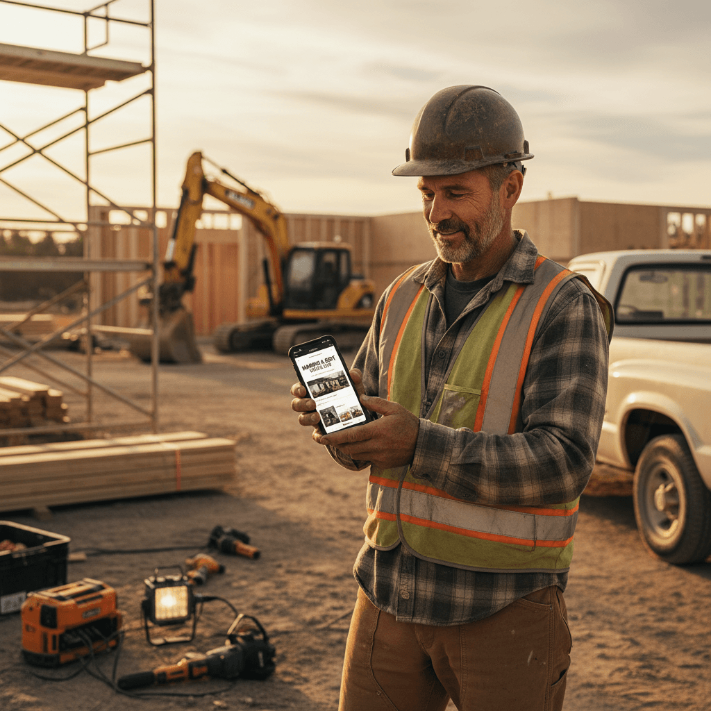 Contractor viewing professional website on mobile phone